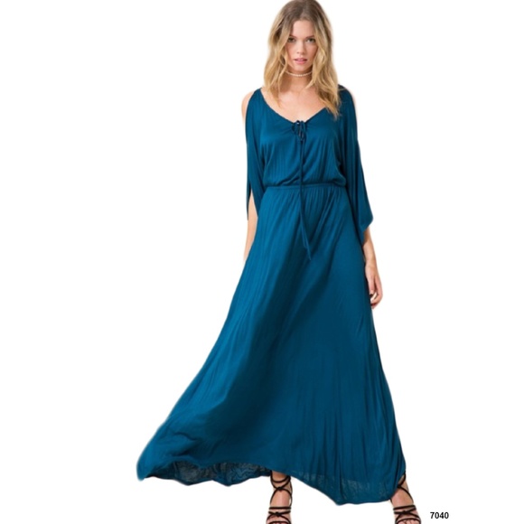 Love in Dresses & Skirts - Blue Teal Maxi Dress V Neck Wrap Cold Shoulder❤